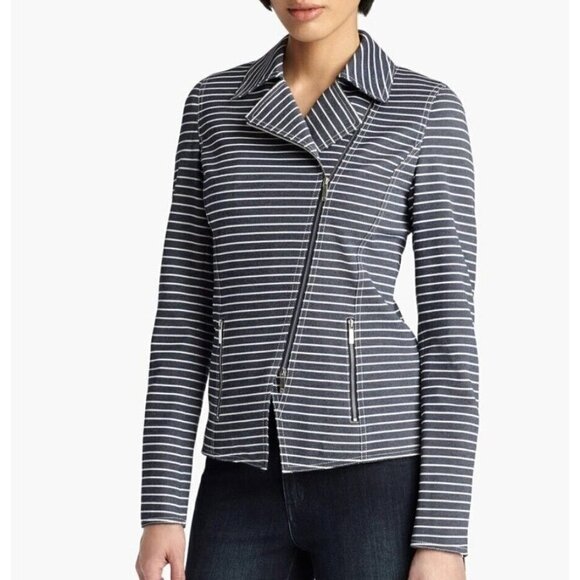 Lafayette 148 Sz 12 Blue Striped Moto Blazer Jacket l Full Zip Up Womens - Picture 5 of 12